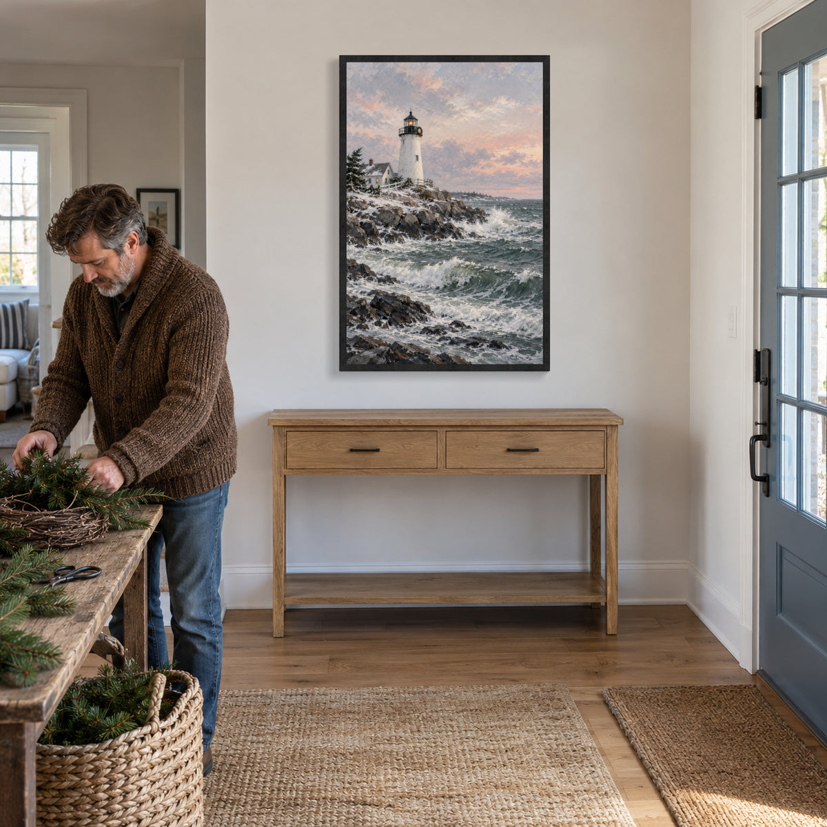 The Lighthouse Waits for Christmas — Black Wood Framed Christmas Canvas Wall Art — Holiday activity featuring the complete artwork — Image 2