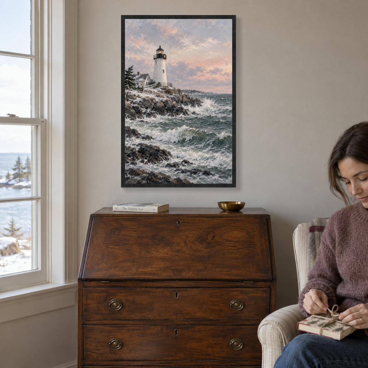 The Lighthouse Waits for Christmas — Black Wood Framed Christmas Canvas Wall Art — Another holiday living space with the complete artwork — Image 3