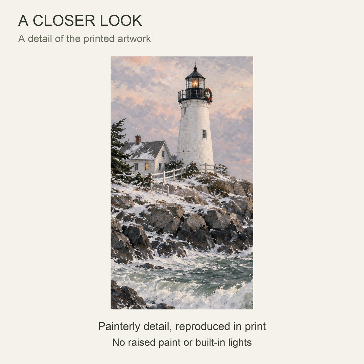The Lighthouse Waits for Christmas — Black Wood Framed Christmas Canvas Wall Art — Close-up of the printed artwork — Image 4