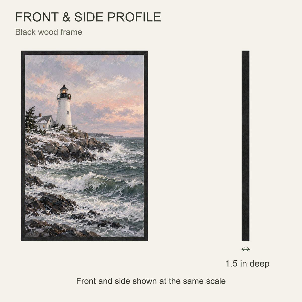 The Lighthouse Waits for Christmas — Black Wood Framed Christmas Canvas Wall Art — Front and side showing actual canvas depth — Image 5
