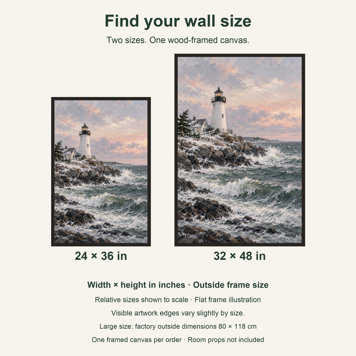 The Lighthouse Waits for Christmas — Black Wood Framed Christmas Canvas Wall Art — artwork size comparison, width × height in inches — Image 8