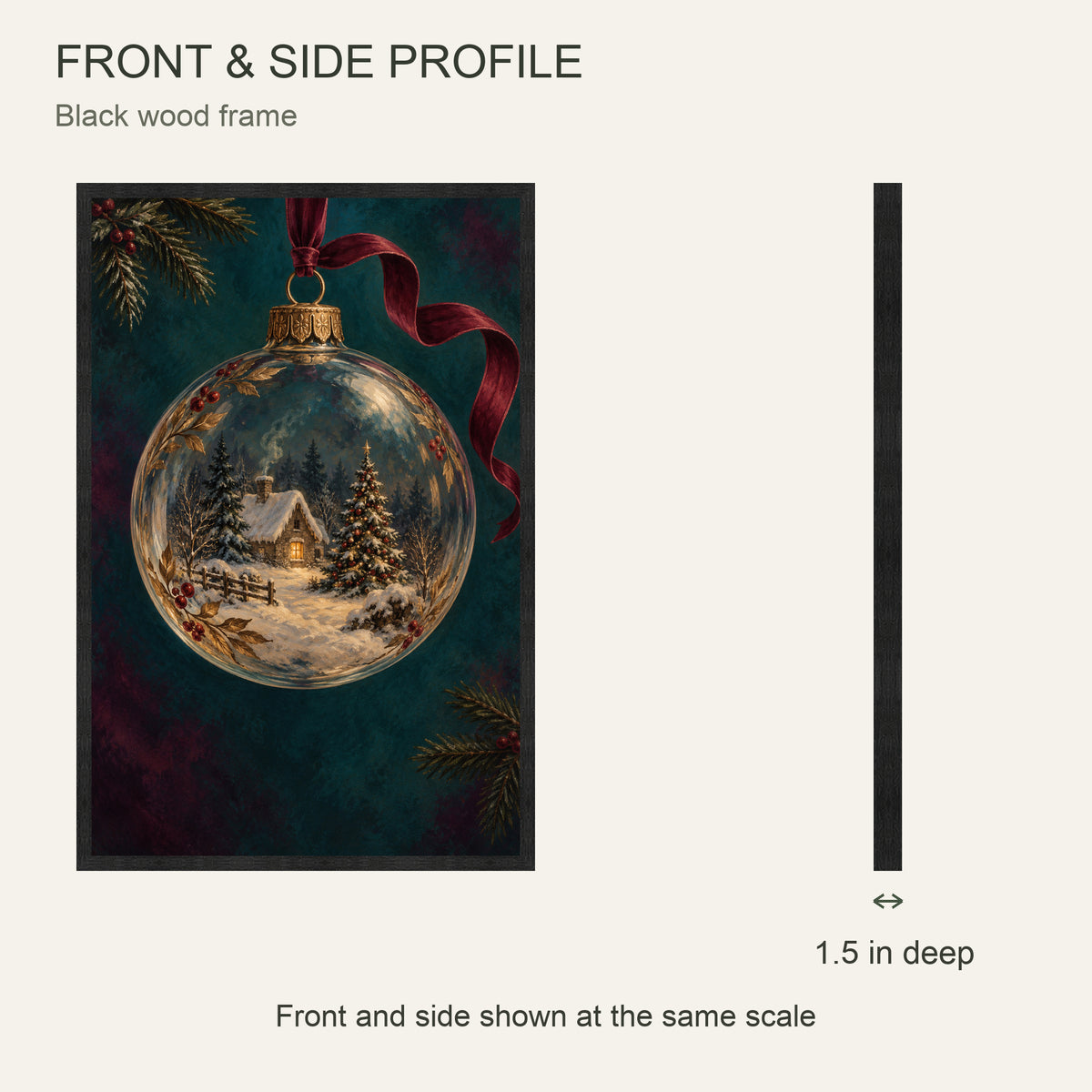 Christmas Eve Inside a Glass Ornament — Black Wood Framed Christmas Canvas Wall Art — Front and side showing actual canvas depth — Image 5