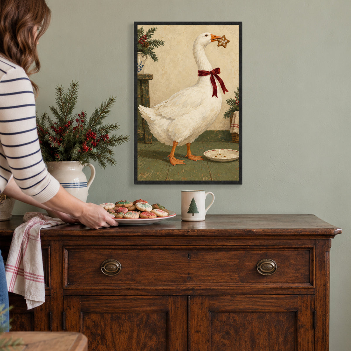 The Goose Took the Last Cookie — Black wood Framed Christmas Canvas Wall Art — Complete artwork in a holiday home — Image 1