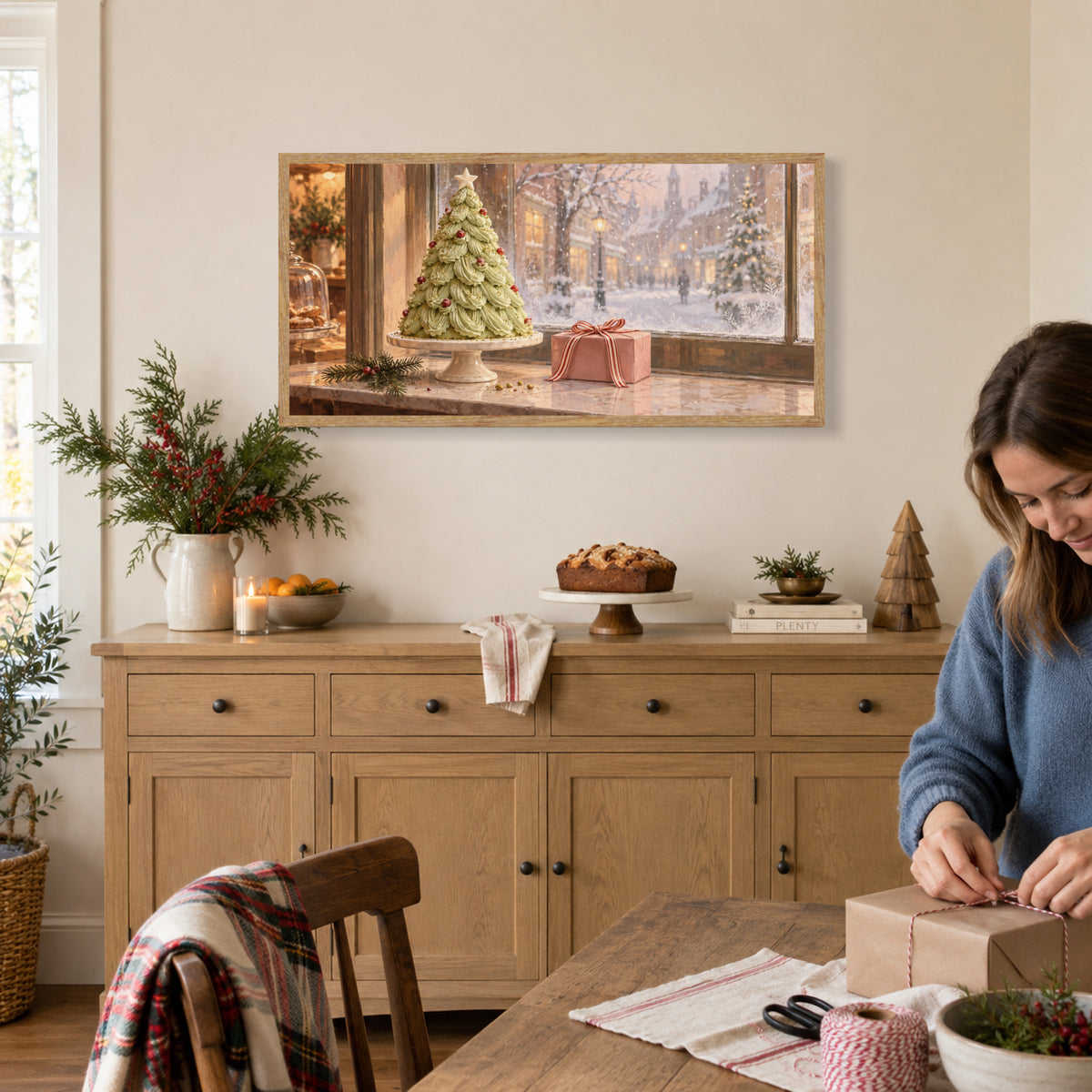 A Frosted Christmas Window — Light wood Framed Christmas Canvas Wall Art — Complete artwork in a holiday home — Image 1