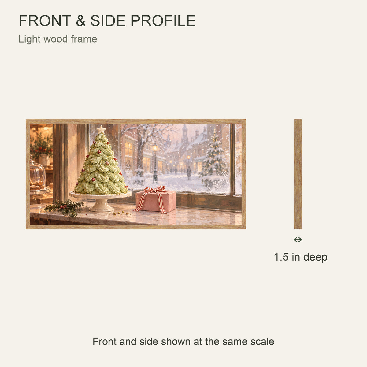 A Frosted Christmas Window — Light wood Framed Christmas Canvas Wall Art — Front and side profile at the same scale — Image 5