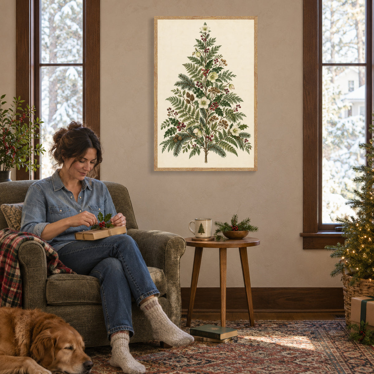 A Christmas Tree Grown in the Garden — Light wood Framed Christmas Canvas Wall Art — Another holiday activity and complete artwork — Image 3