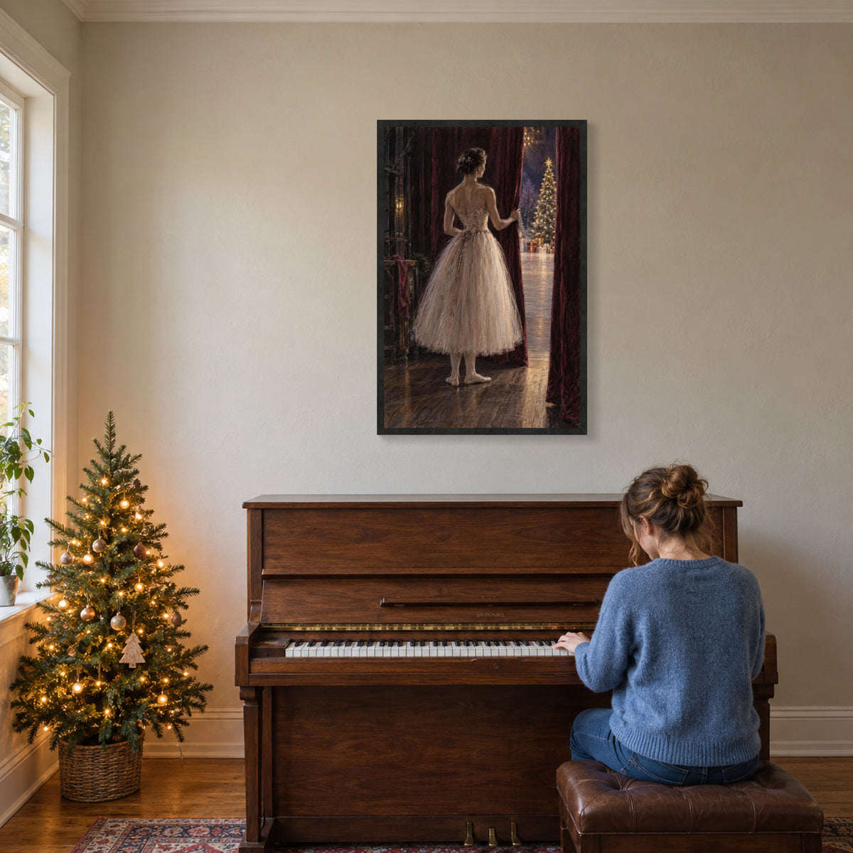One Minute Before the Curtain — Black wood Framed Christmas Canvas Wall Art — Another holiday activity and complete artwork — Image 3