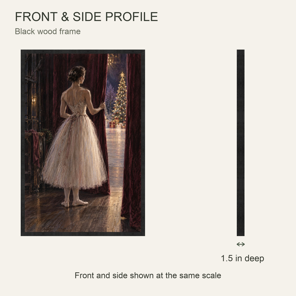 One Minute Before the Curtain — Black wood Framed Christmas Canvas Wall Art — Front and side profile at the same scale — Image 5