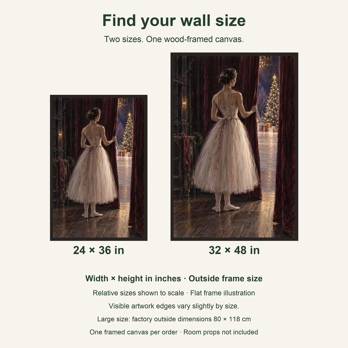 One Minute Before the Curtain — Black Wood Framed Christmas Canvas Wall Art — artwork size comparison, width × height in inches — Image 8