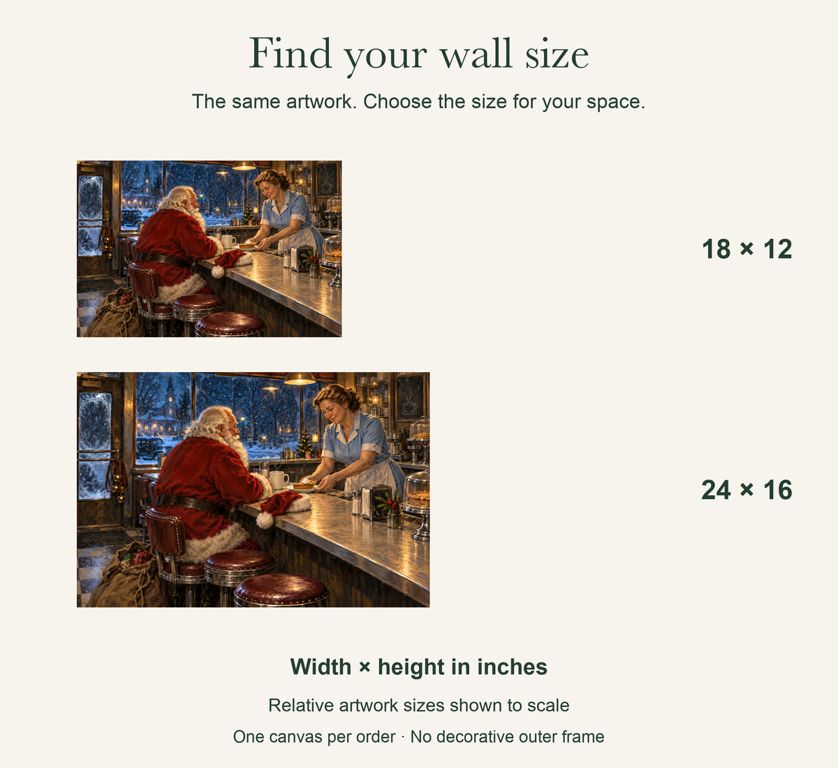 The Last Stop on Christmas Eve — Christmas Canvas Wall Art — artwork size comparison, width × height in inches — Image 9