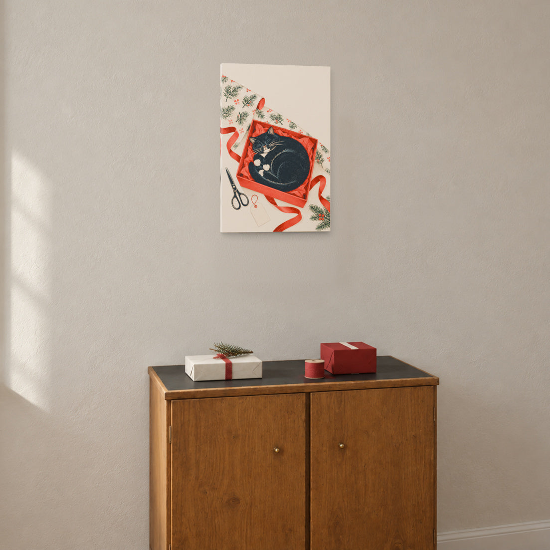 Gift Wrapping: Cat on Duty — Christmas Canvas Wall Art — 餐边柜上的礼物准备 — Image 3
