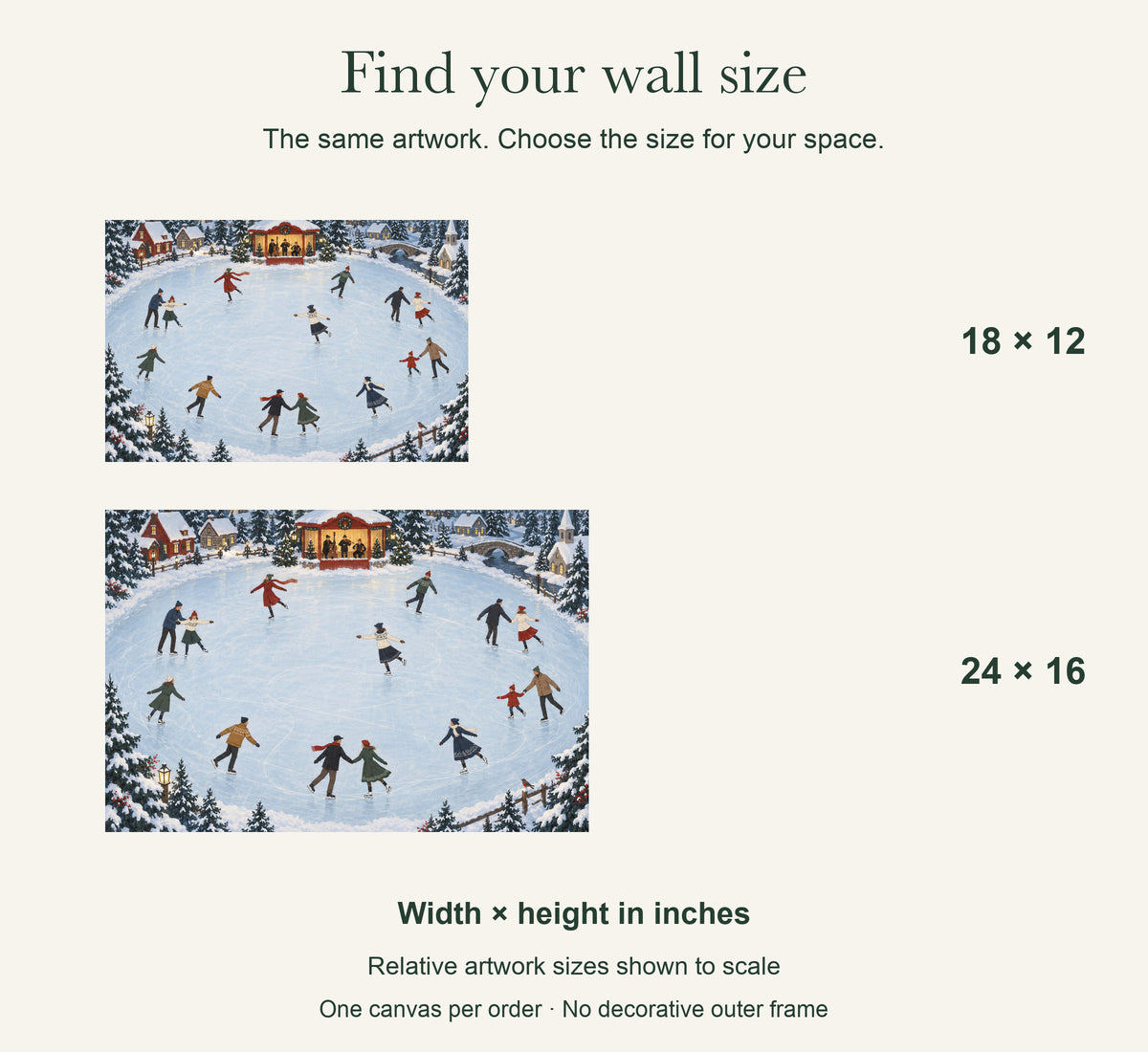 Christmas Dance on Ice — Christmas Canvas Wall Art — artwork size comparison, width × height in inches — Image 9