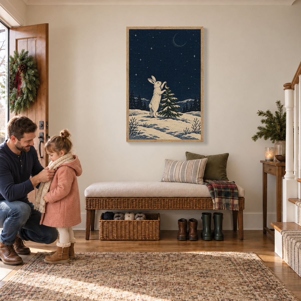 Who Hung the Moon on the Tree — Light Wood Framed Christmas Canvas Wall Art — 迎客前的小围巾 — Image 3