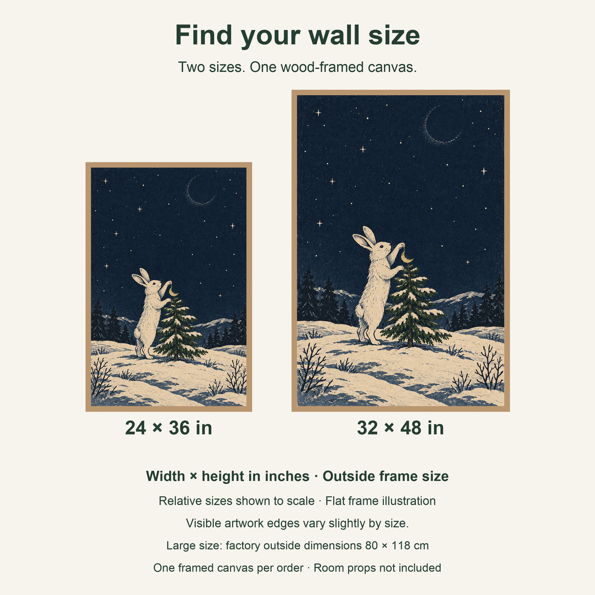 Who Hung the Moon on the Tree — Light Wood Framed Christmas Canvas Wall Art — artwork size comparison, width × height in inches — Image 8