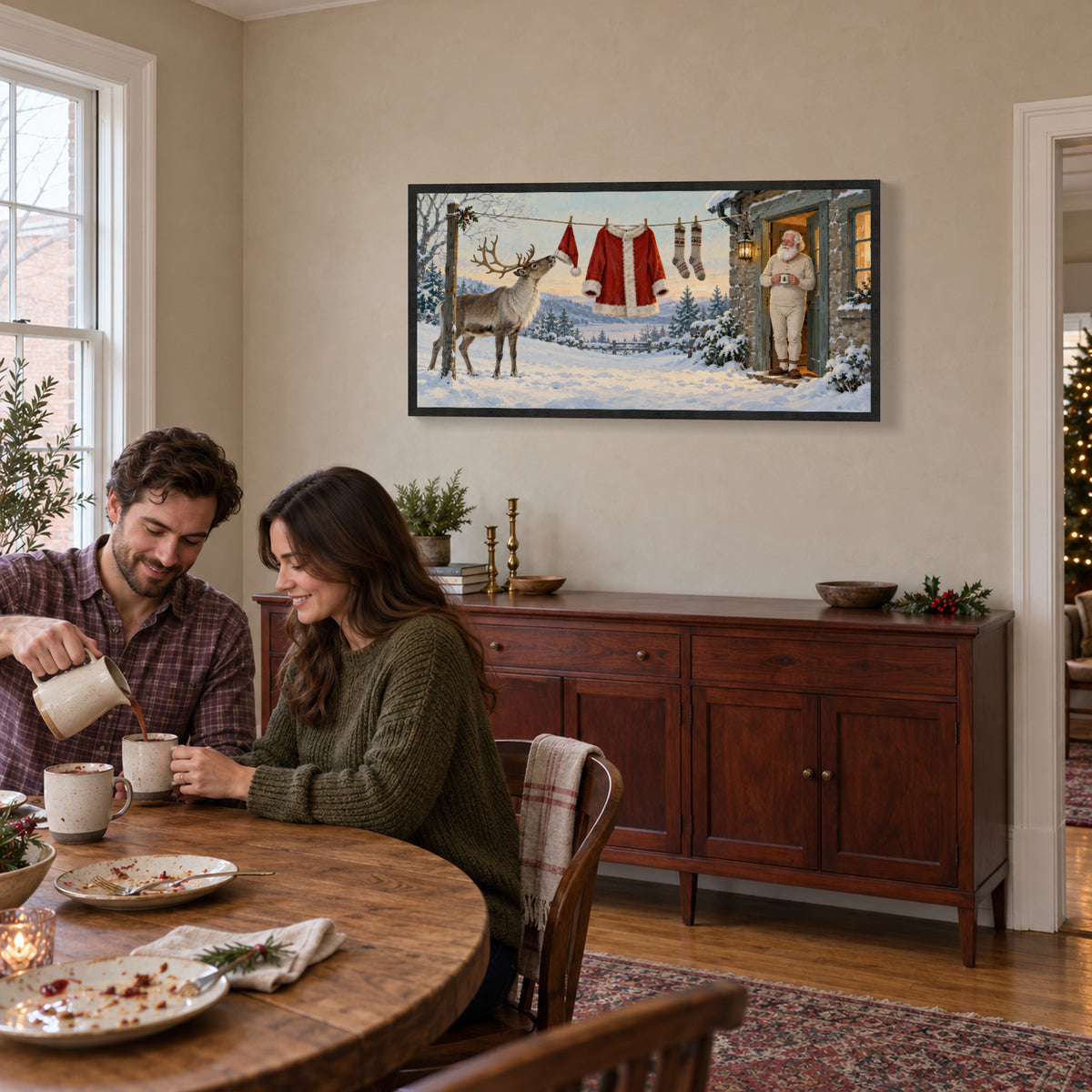 Even Santa Has Laundry Day — Black Wood Framed Christmas Canvas Wall Art — 聚餐后的热可可 — Image 2