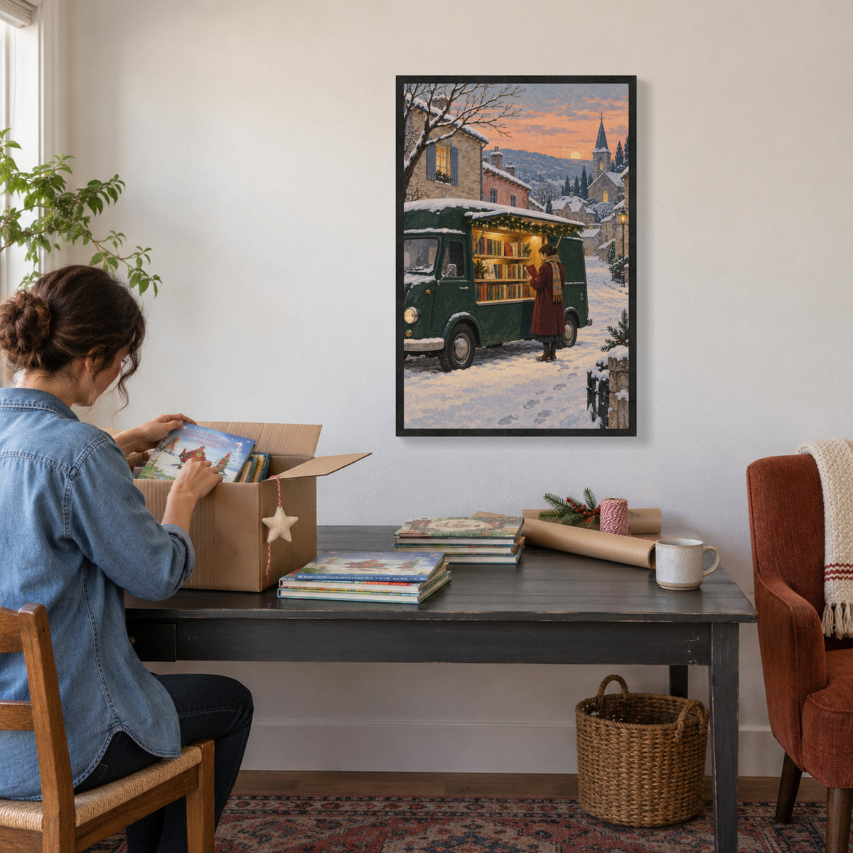 The Last Bookmobile of December — Black Wood Framed Christmas Canvas Wall Art — 圣诞捐书箱 — Image 3