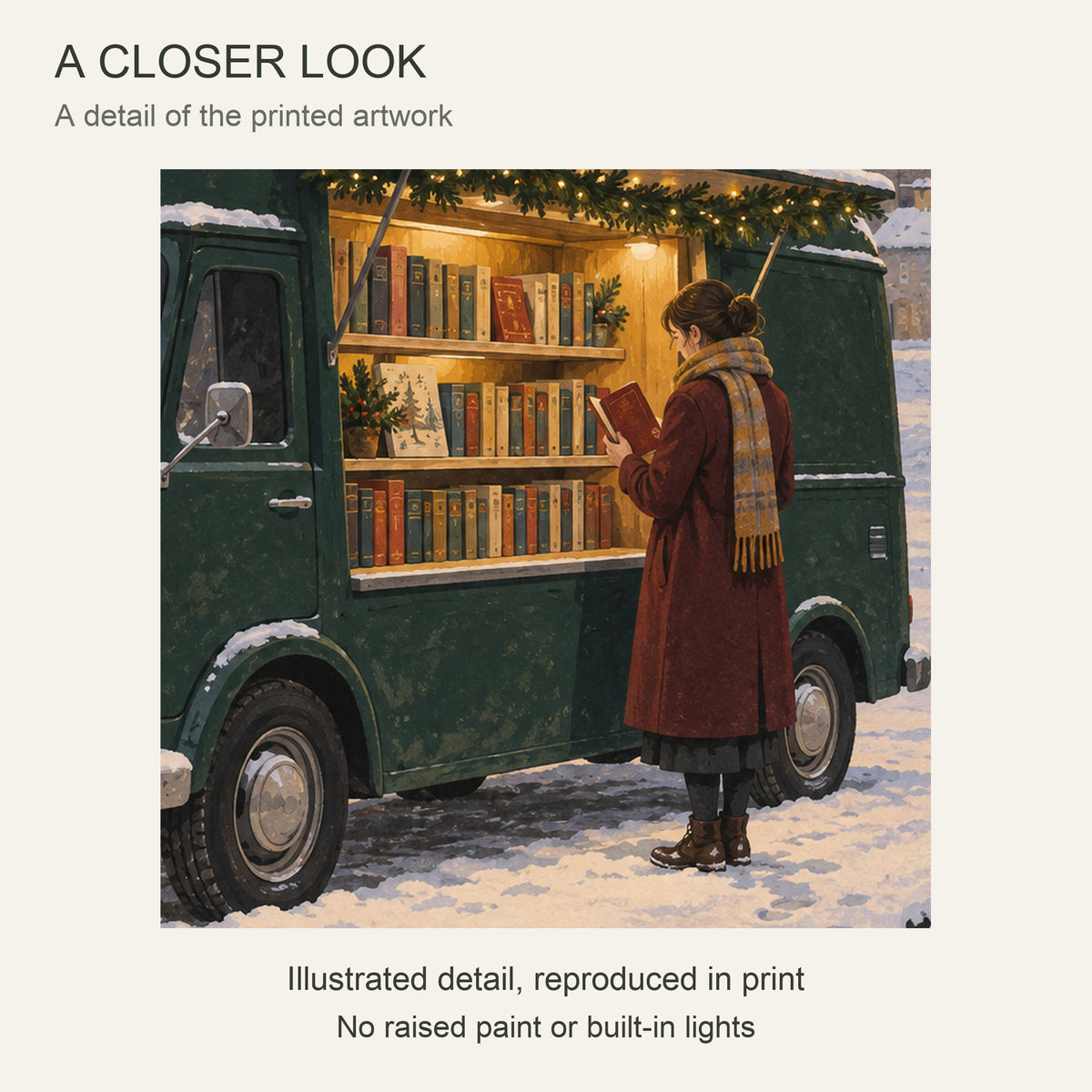 The Last Bookmobile of December — Black Wood Framed Christmas Canvas Wall Art — 画芯局部细节 — Image 4