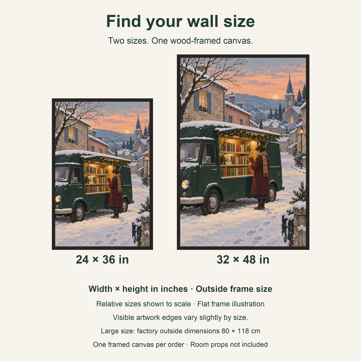 The Last Bookmobile of December — Black Wood Framed Christmas Canvas Wall Art — artwork size comparison, width × height in inches — Image 8