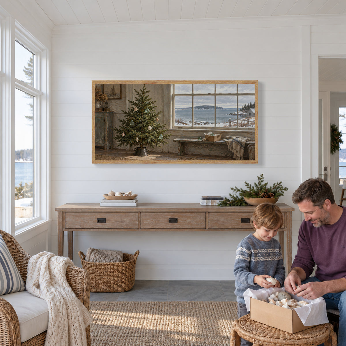 A Seaside Christmas Tree — Light Wood Framed Christmas Canvas Wall Art — 窗边收好装饰盒 — Image 3