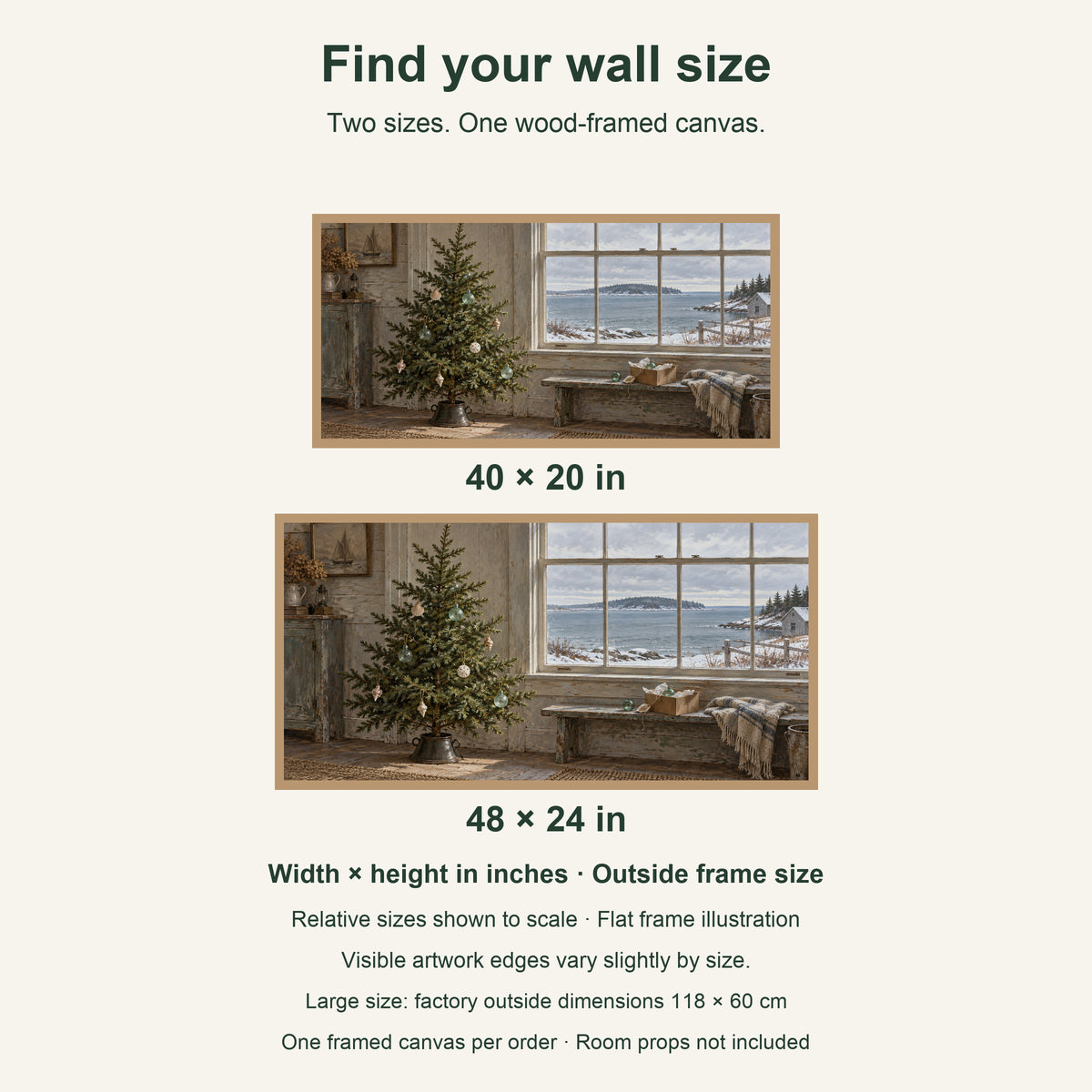 A Seaside Christmas Tree — Light Wood Framed Christmas Canvas Wall Art — artwork size comparison, width × height in inches — Image 8