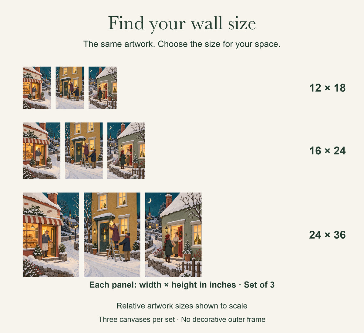 The Whole Street Lights Up — Christmas Canvas Wall Art Set of 3 — artwork size comparison, width × height in inches, dimensions per panel, set of 3 — Image 8