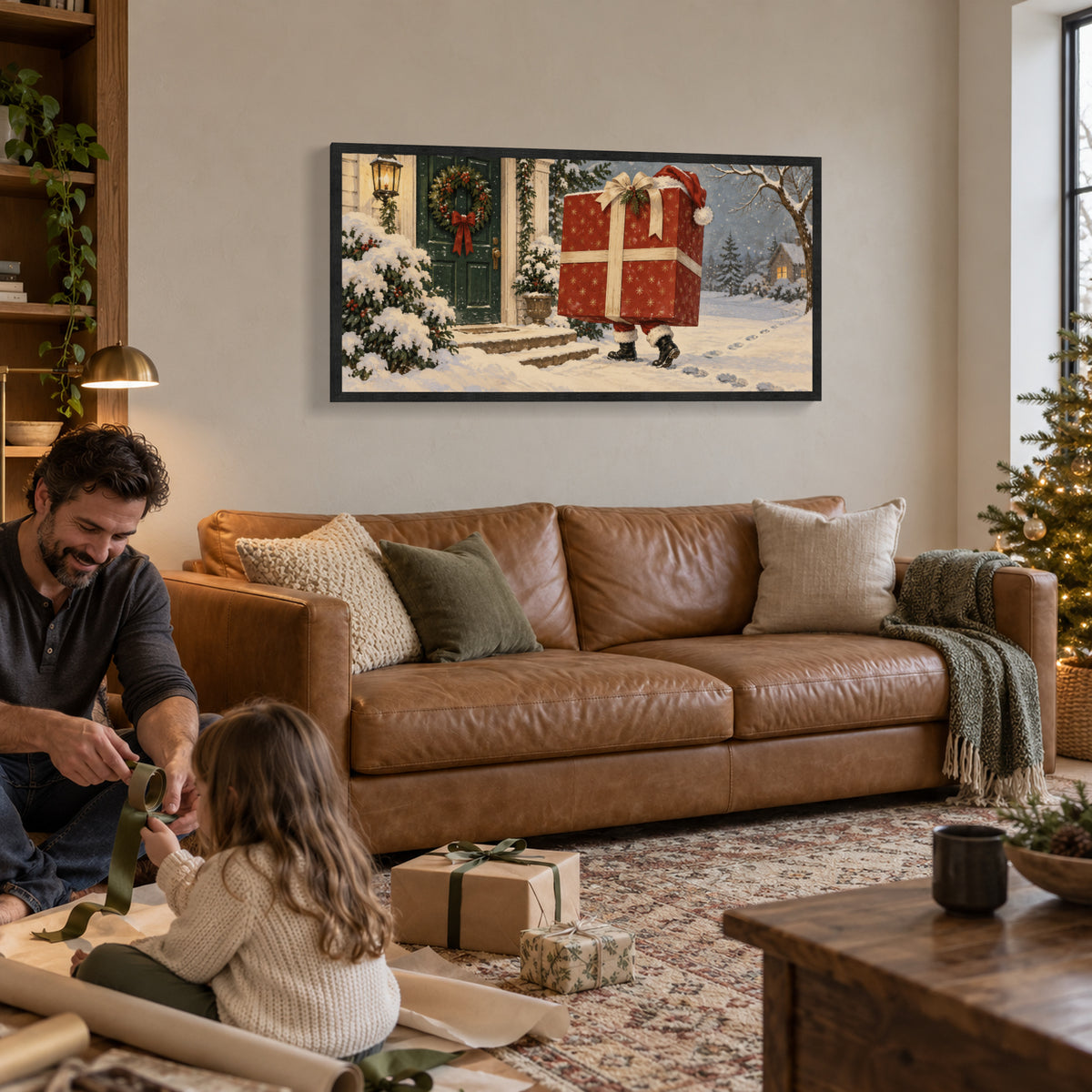 The Gift That Walked to the Door — Black Wood Framed Christmas Canvas Wall Art — 亲子整理礼物 — Image 2