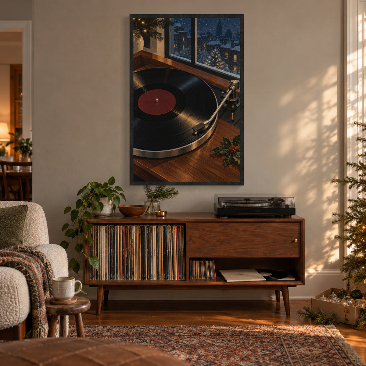 Christmas Night on Vinyl — Black Wood Framed Christmas Canvas Wall Art — 氛围首图 — Image 1