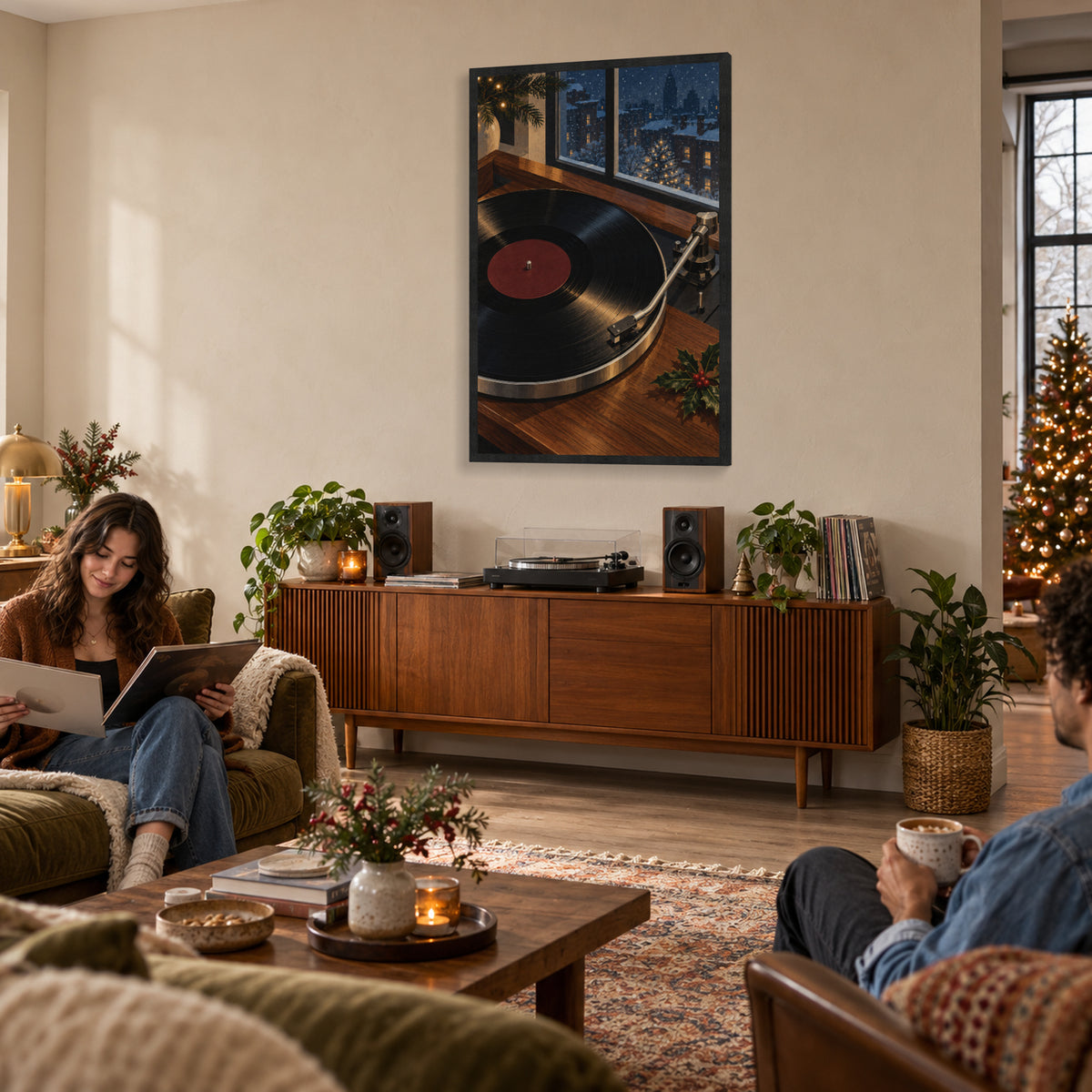 Christmas Night on Vinyl — Black Wood Framed Christmas Canvas Wall Art — 朋友挑选唱片 — Image 2