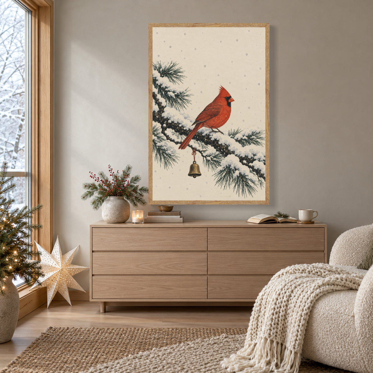 A Cardinal After the Snow — Light Wood Framed Christmas Canvas Wall Art — 氛围首图 — Image 1
