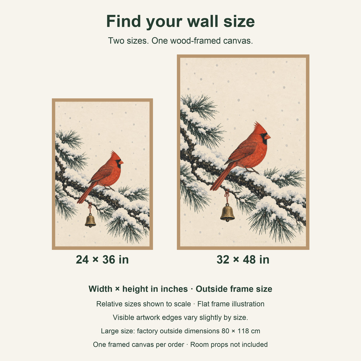 A Cardinal After the Snow — Light Wood Framed Christmas Canvas Wall Art — artwork size comparison, width × height in inches — Image 8