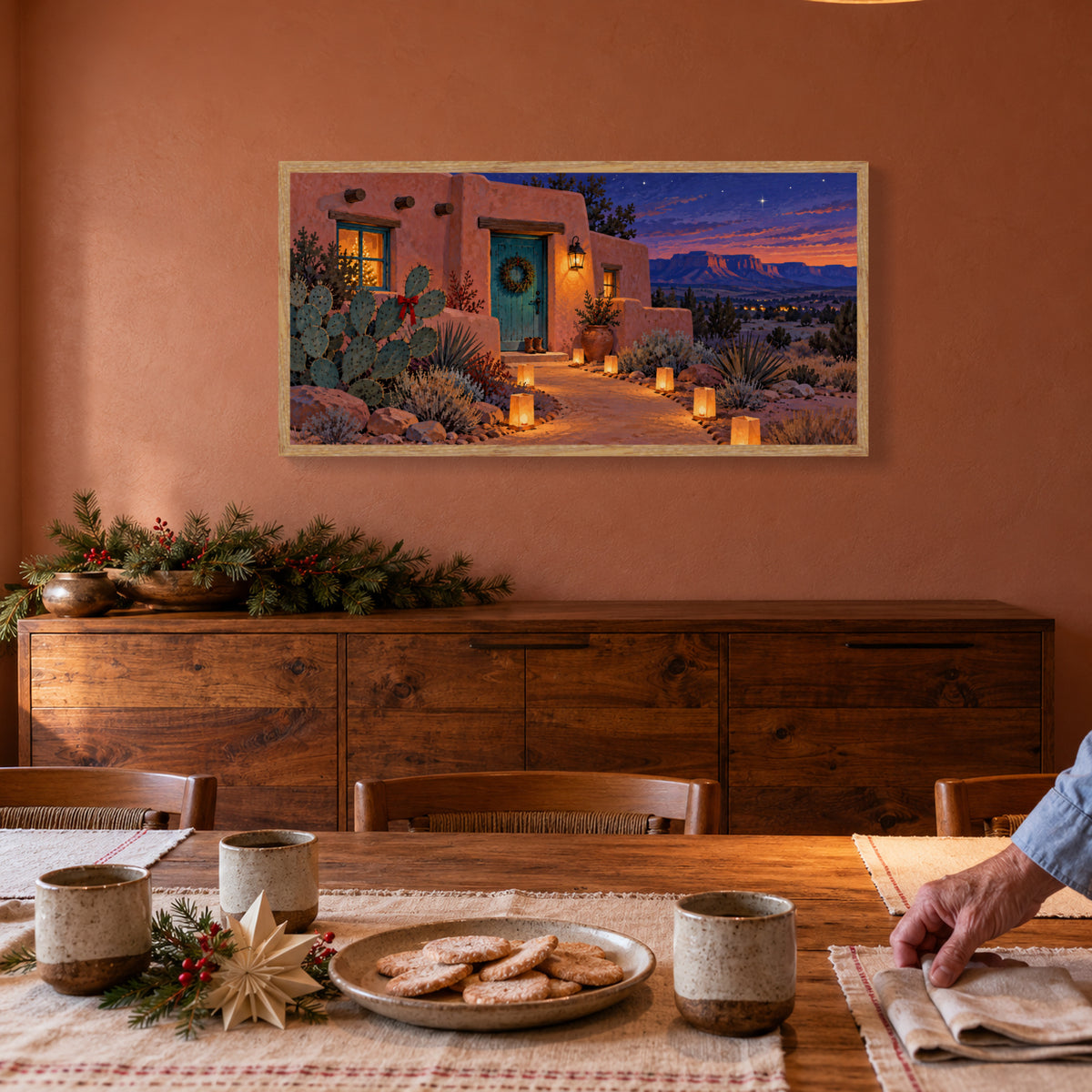 Christmas Comes to the Desert — Light Wood Framed Christmas Canvas Wall Art — 圣诞晚餐前 — Image 3