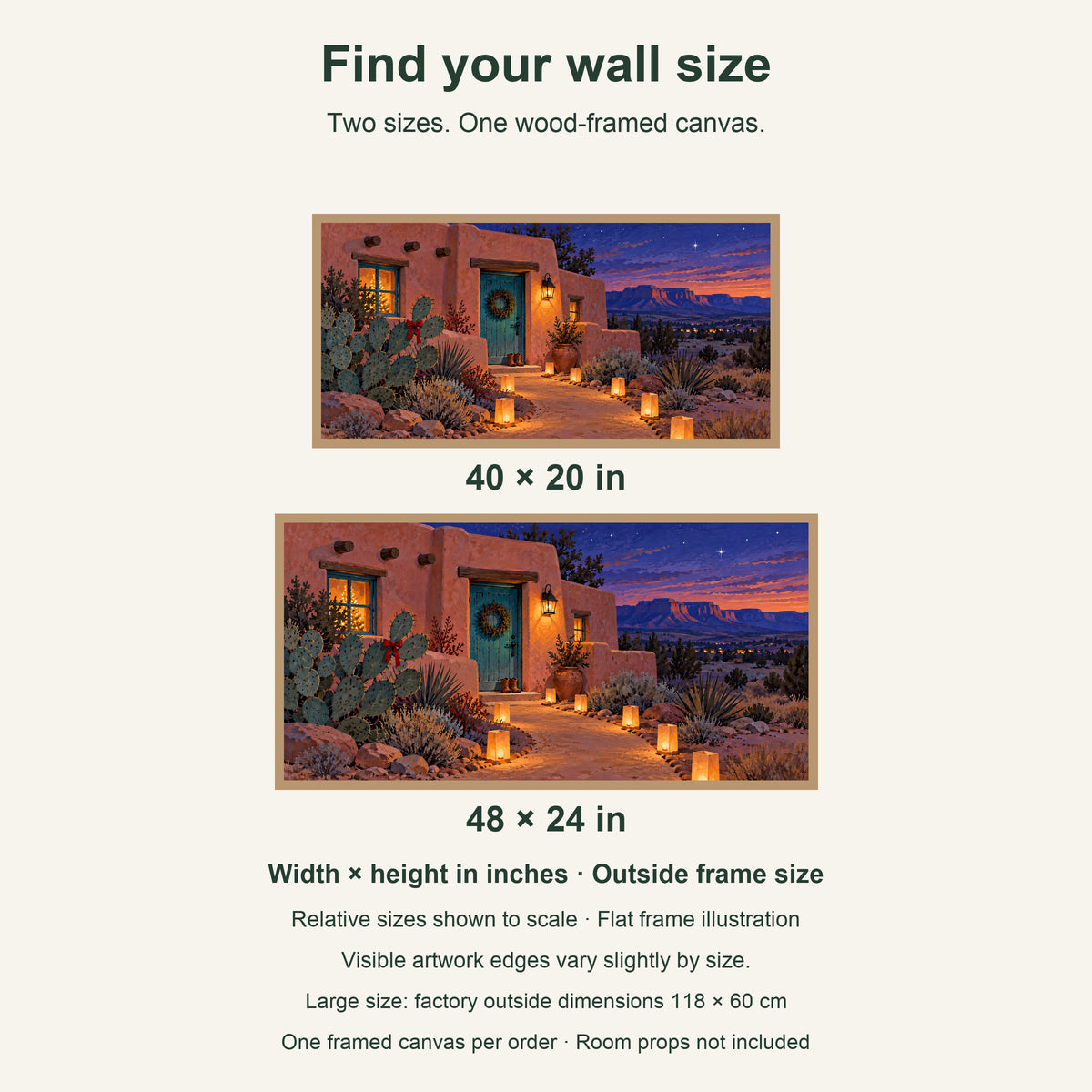 Christmas Comes to the Desert — Light Wood Framed Christmas Canvas Wall Art — artwork size comparison, width × height in inches — Image 8