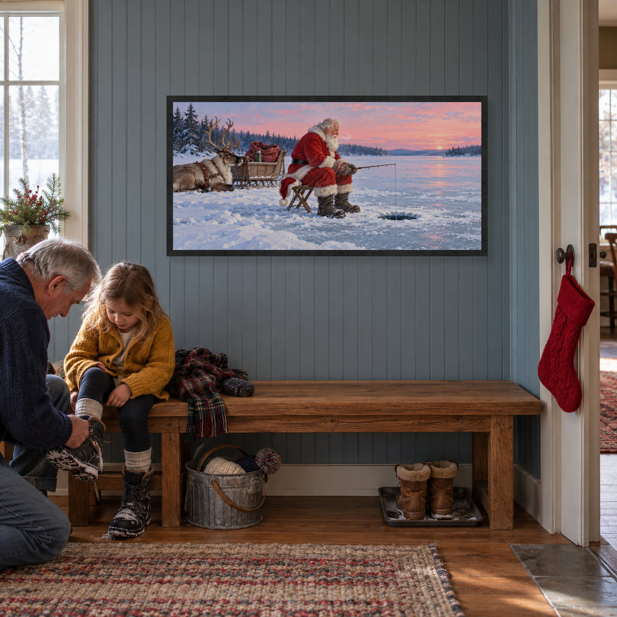 Santa Takes a Fishing Break — Black Wood Framed Christmas Canvas Wall Art — Styled room view showing the complete framed canvas — Image 1