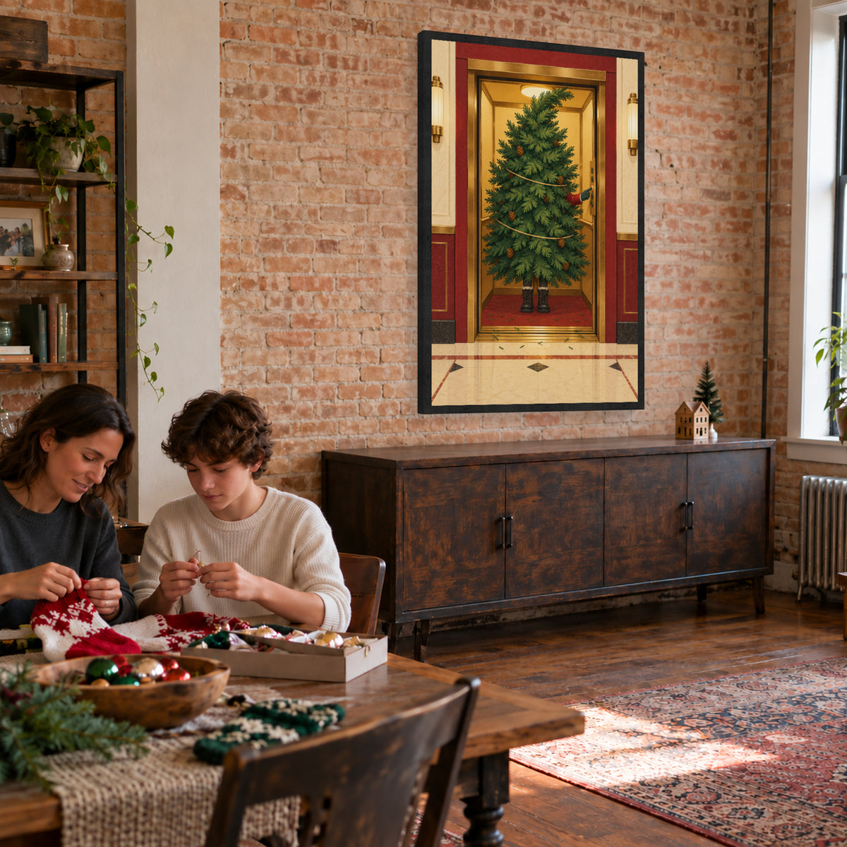 The Christmas Tree Takes the Elevator — Black Wood Framed Christmas Canvas Wall Art — Second lifestyle view of the complete framed canvas — Image 2