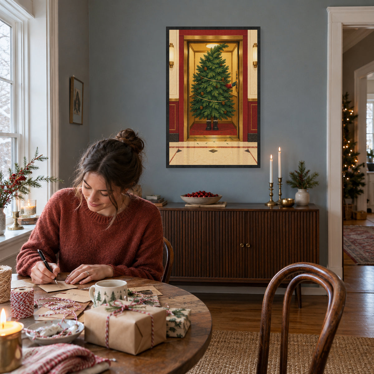 The Christmas Tree Takes the Elevator — Black Wood Framed Christmas Canvas Wall Art — Third lifestyle view of the complete framed canvas — Image 3