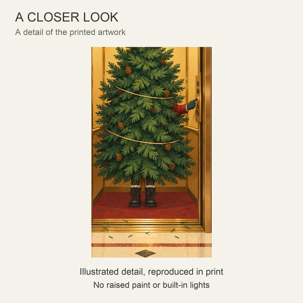 The Christmas Tree Takes the Elevator — Black Wood Framed Christmas Canvas Wall Art — Close-up crop of the printed artwork — Image 4