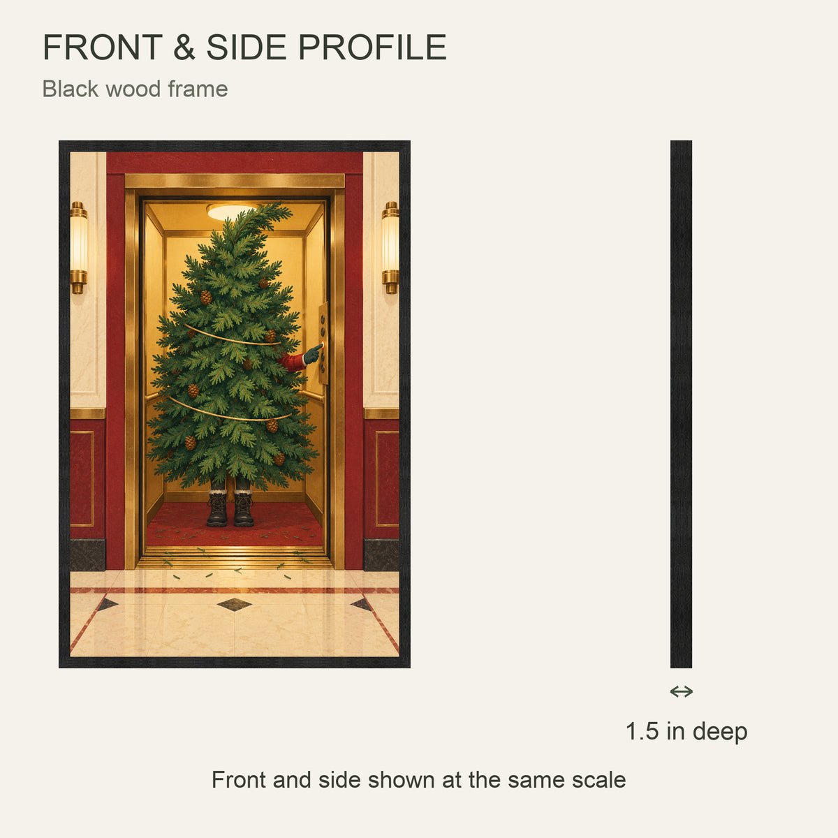 The Christmas Tree Takes the Elevator — Black Wood Framed Christmas Canvas Wall Art — Front and side profile with 1.5-inch depth — Image 5