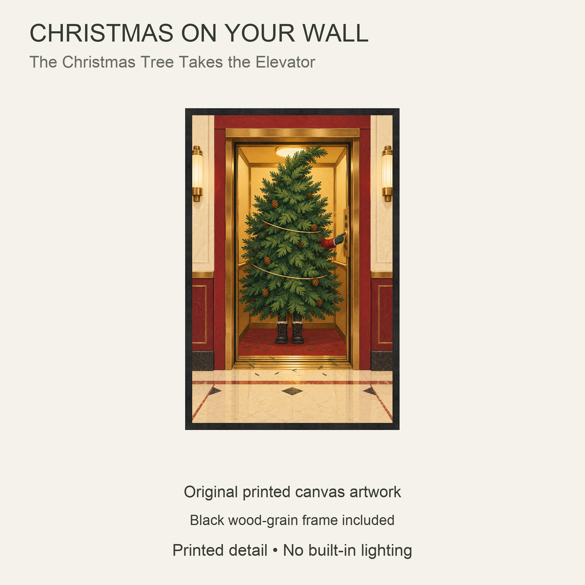 The Christmas Tree Takes the Elevator — Black Wood Framed Christmas Canvas Wall Art — Complete artwork and product configuration — Image 9
