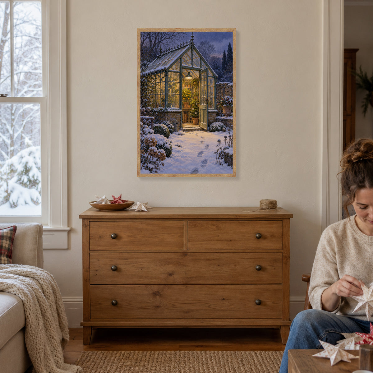 Winter in the Greenhouse — Light Wood Framed Christmas Canvas Wall Art — Styled room view showing the complete framed canvas — Image 1