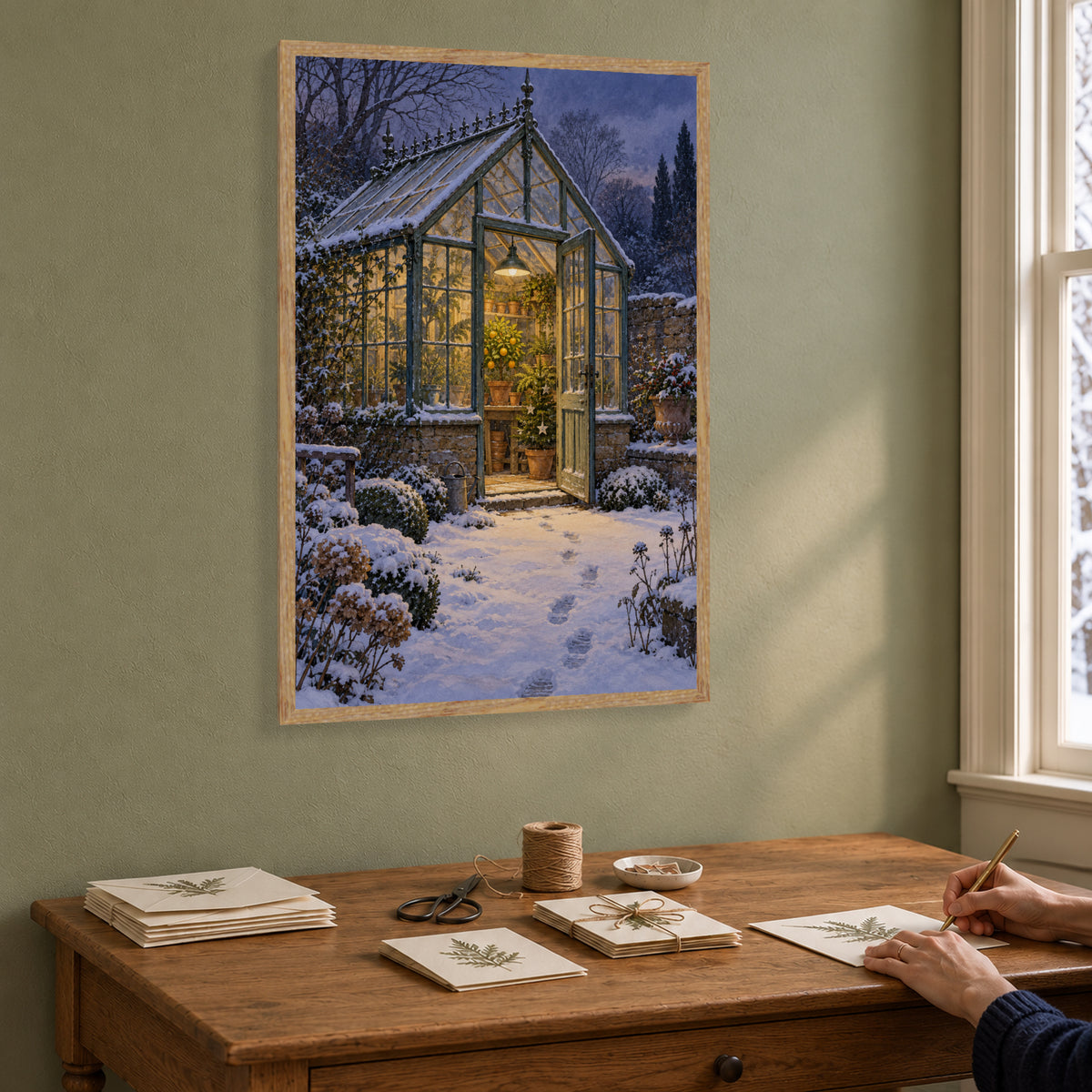Winter in the Greenhouse — Light Wood Framed Christmas Canvas Wall Art — Third lifestyle view of the complete framed canvas — Image 3