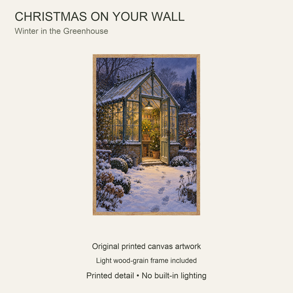 Winter in the Greenhouse — Light Wood Framed Christmas Canvas Wall Art — Complete artwork and product configuration — Image 9