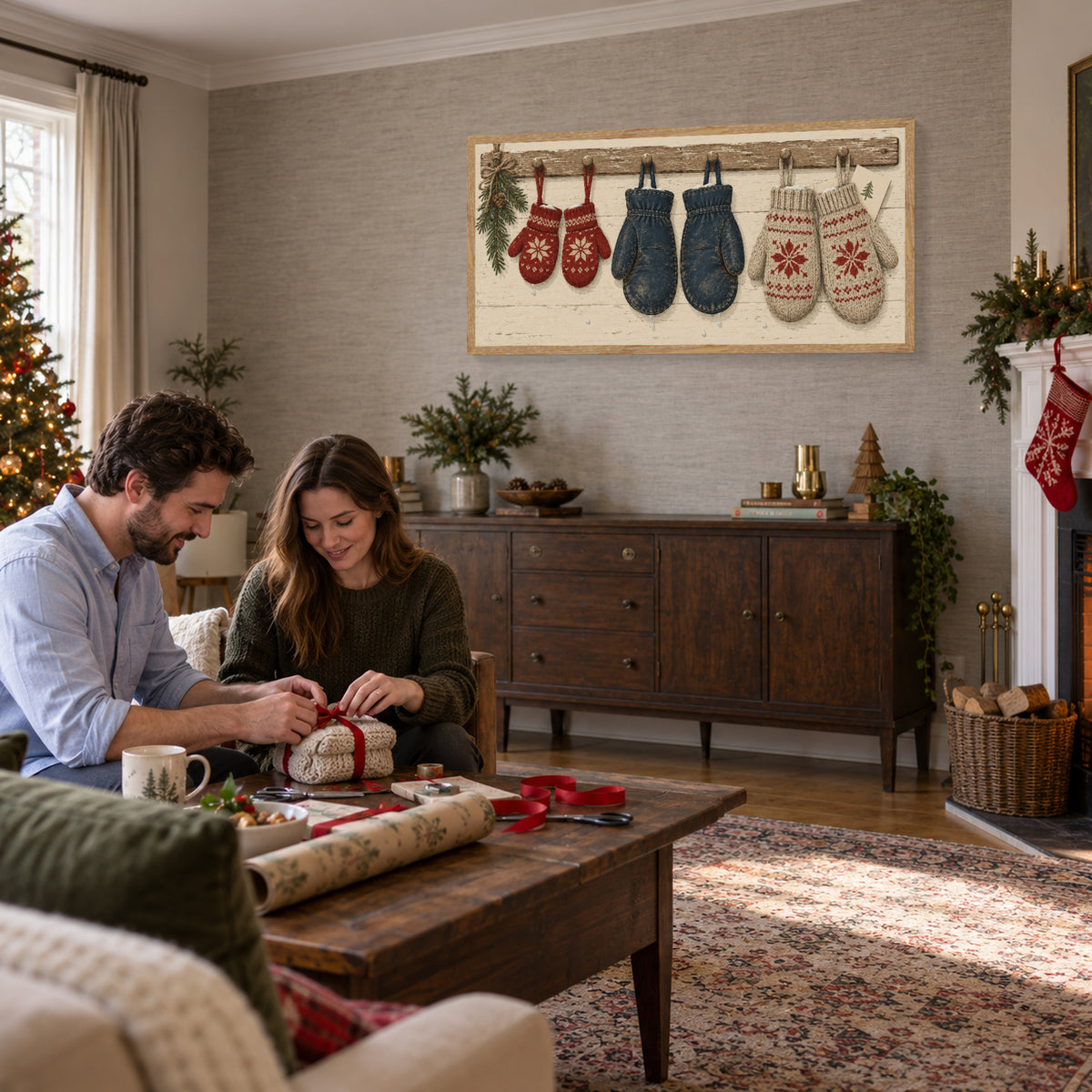Every Mitten Found Its Match — Light Wood Framed Christmas Canvas Wall Art — Second lifestyle view of the complete framed canvas — Image 2
