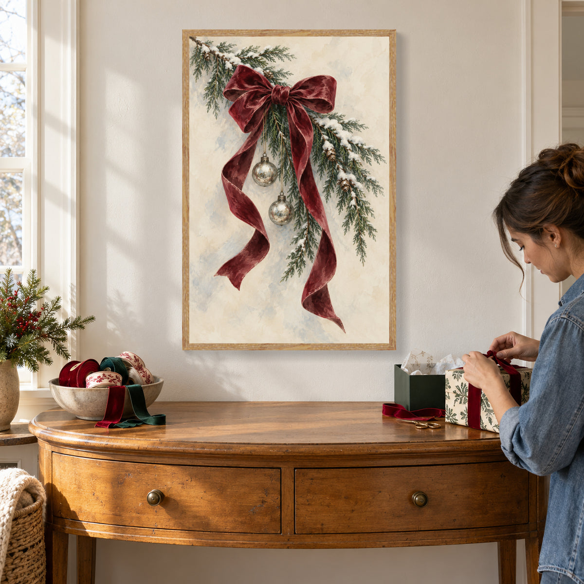 Christmas Bow Framed Canvas Wall Art, Burgundy Ribbon and Evergreen Branches, Light Wood Frame, 24 x 36 Inches — Complete artwork in a styled room — Image 1