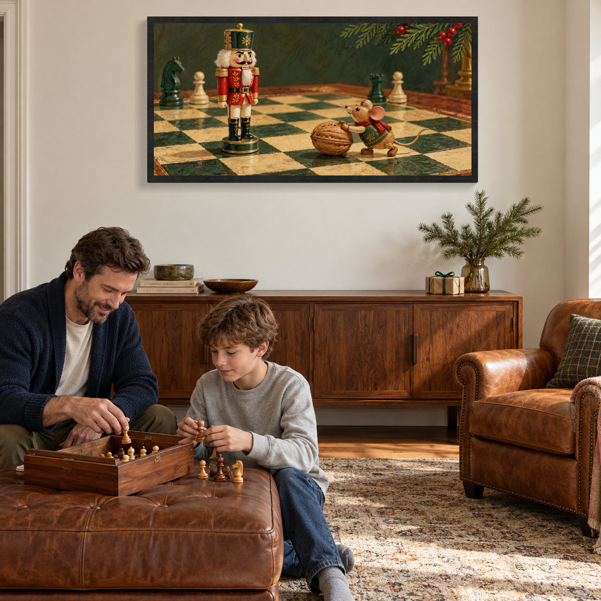Nutcracker Christmas Framed Canvas Wall Art, Mouse and Walnut Chess Scene, Black Wood Frame, 40 x 20 Inches — Second lifestyle view of complete artwork — Image 2