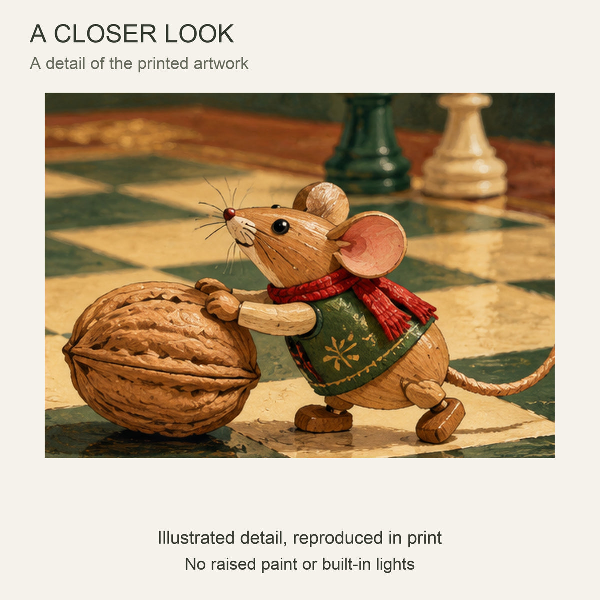 Nutcracker Christmas Framed Canvas Wall Art, Mouse and Walnut Chess Scene, Black Wood Frame, 40 x 20 Inches — Close-up crop of printed artwork — Image 4