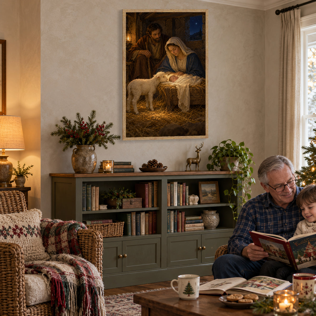 Nativity Framed Canvas Wall Art, Holy Family and Lamb Christmas Scene, Light Wood Frame, 24 x 36 Inches — Second lifestyle view of complete artwork — Image 2