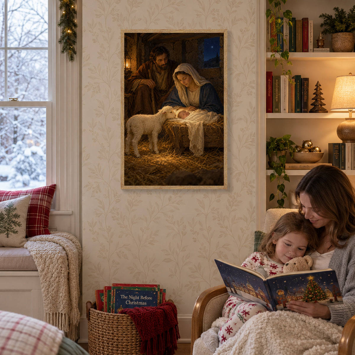 Nativity Framed Canvas Wall Art, Holy Family and Lamb Christmas Scene, Light Wood Frame, 24 x 36 Inches — Third lifestyle view of complete artwork — Image 3