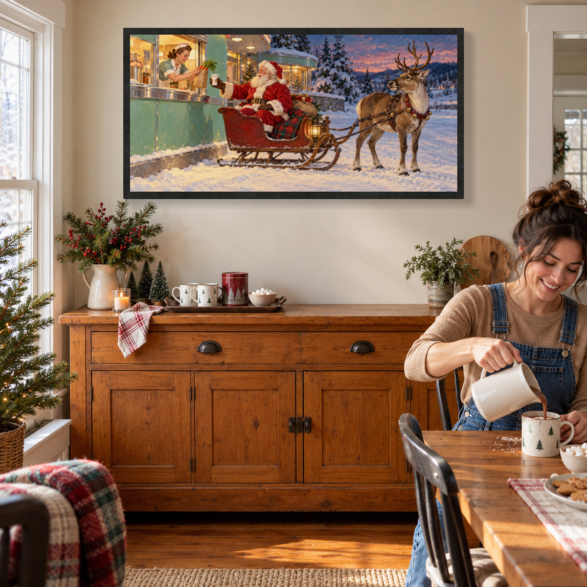 Santa and Reindeer Framed Canvas Wall Art, Christmas Diner Pickup Scene, Black Wood Frame, 40 x 20 Inches — Complete artwork in a styled room — Image 1