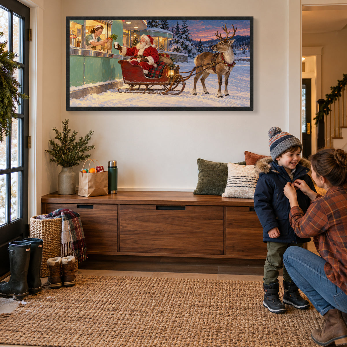 Santa and Reindeer Framed Canvas Wall Art, Christmas Diner Pickup Scene, Black Wood Frame, 40 x 20 Inches — Third lifestyle view of complete artwork — Image 3