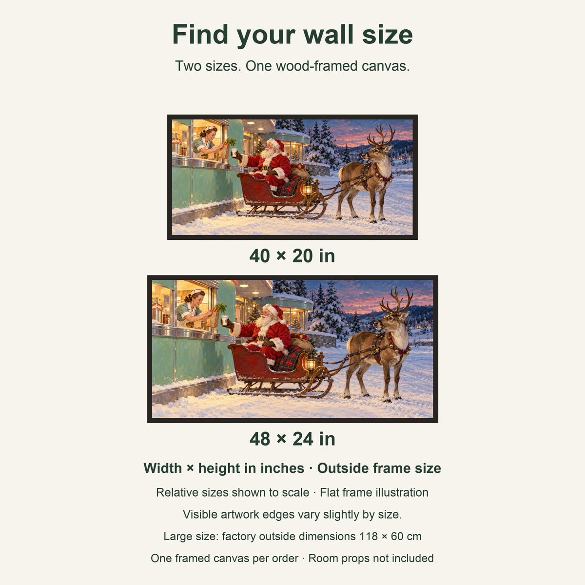 Santa and Reindeer Framed Canvas Wall Art, Christmas Diner Pickup Scene, Black Wood Frame, 40 x 20 Inches — artwork size comparison, width × height in inches — Image 8